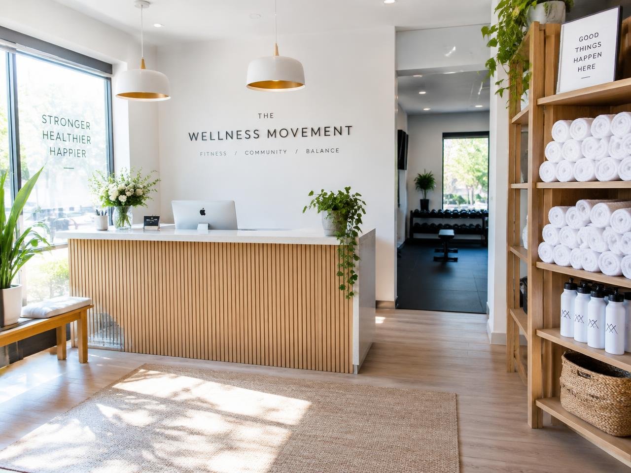 A clean fitness studio reception with rolled fresh towels on shelves