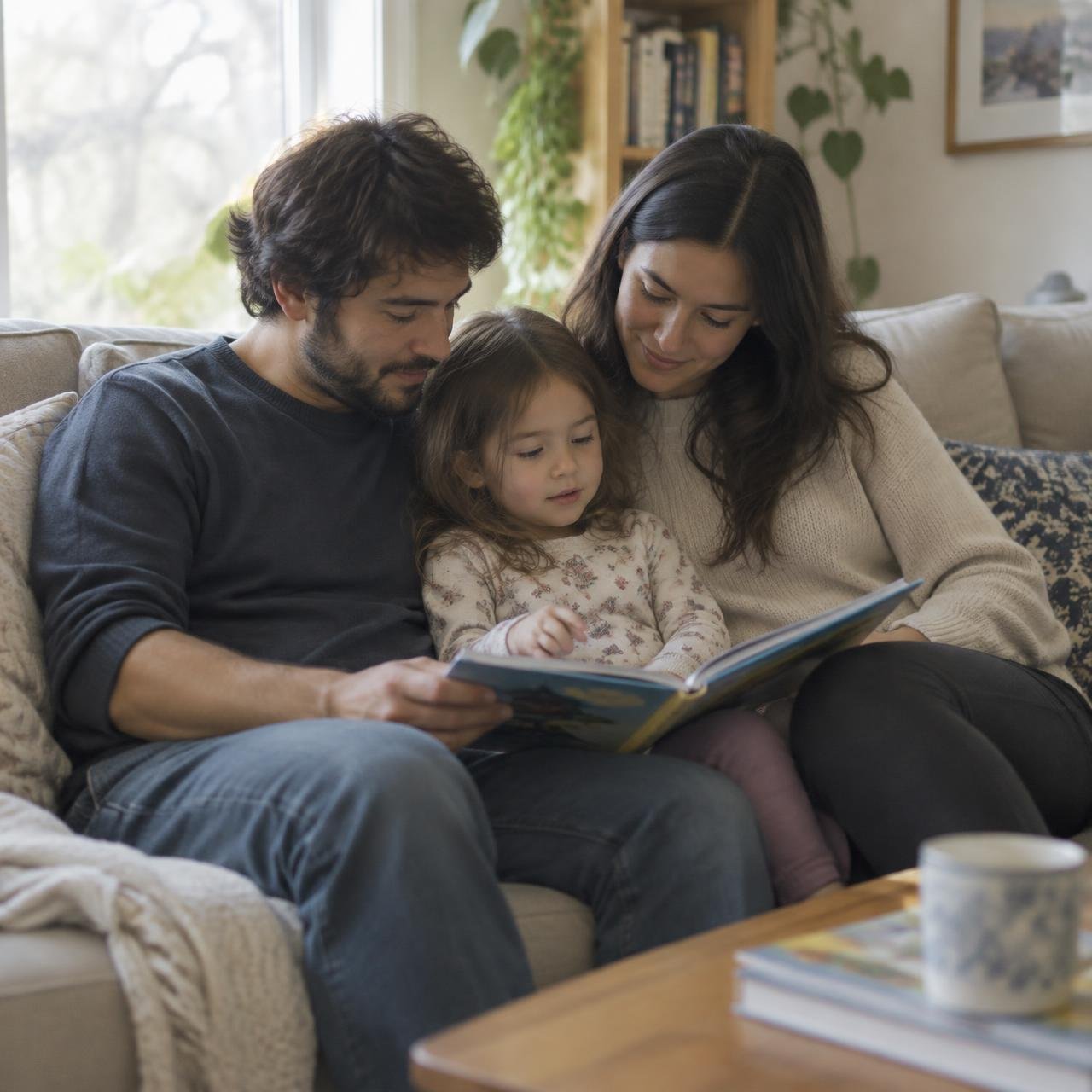 A family reading together on the sofa at home