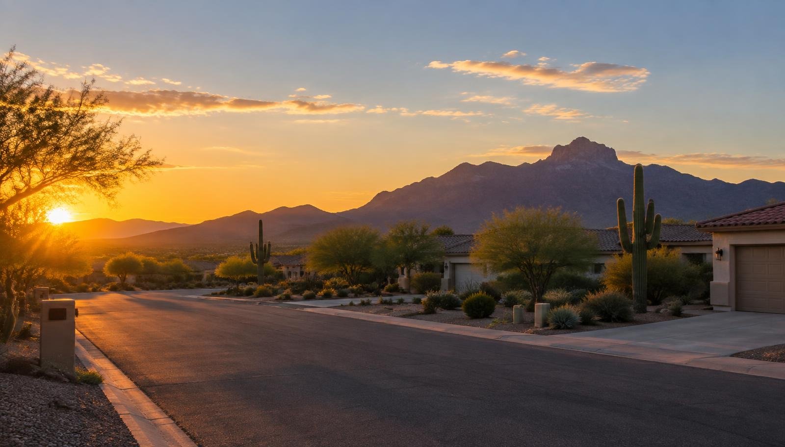 A quiet desert residential street at sunset with mountains in the distance